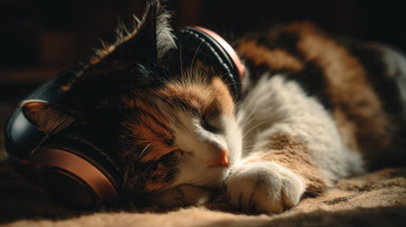 A delightful calico cat peacefully sleeps with headphones, embodying a moment of calm and serenity. Ideal for showcasing fun and adorable pet lifestyle imagery.の素材