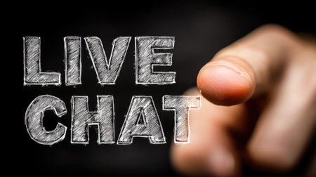 Close-up image of a hand pointing at "Live Chat" text against a dark backdrop, symbolizing modern communication tools and customer service pathways for businesses.の素材