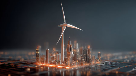 A striking image showcasing a futuristic urban landscape with a wind turbine, emphasizing renewable energy and sustainable growth in city environments.の素材