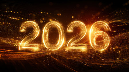 A vibrant golden display of the year 2026 featuring shimmering numbers, dynamic light effects, and sparkles, perfect for celebration-themed designs and digital decorations.の素材