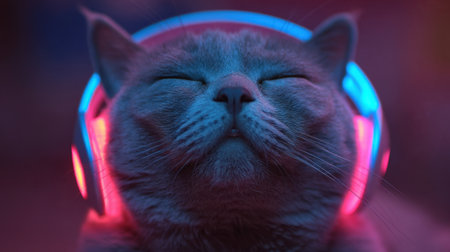 A charming gray cat with glowing headphones sits in tranquility, embodying the joy of music and modern pet culture in a visually striking composition.の素材