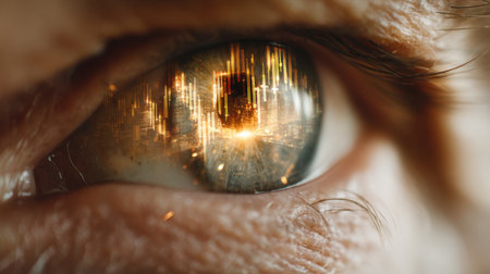 This stunning close-up image captures the intricate details of a human eye, featuring a vivid reflection of a bustling cityscape, highlighting urban life.の素材