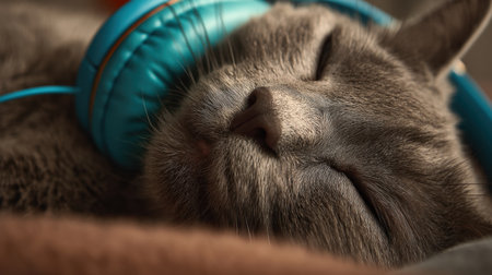 A cute gray cat sleeps soundly with bright blue headphones resting on its ears. This serene scene captures the essence of relaxation in a cozy home setting.の素材
