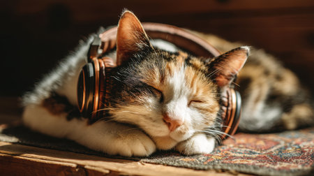 A charming cat resting peacefully with headphones, basking in warm sunlight on a wooden surface. This captivating scene captures the essence of tranquility and comfort.の素材