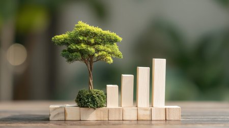 Engaging composition of a miniature tree on wooden blocks, symbolizing growth and sustainability. Ideal for businesses focused on nature and progress.の素材