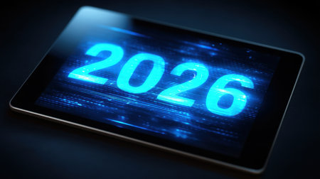 A sleek tablet showcasing bright blue numbers indicating the year 2026, symbolizing progress, innovation, and the digital future in a captivating visual format.の素材