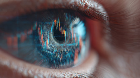 A detailed close-up image of a human eye reflecting a stock market chart, symbolizing financial analysis and the intersection of vision, insight, and technology.の素材