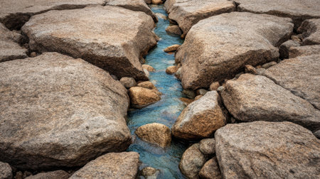 A striking view of large rocks encasing a gentle water flow, creating a tranquil scene that captures the essence of natureの素材
