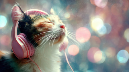 A delightful calico cat wearing pink headphones embodies joy and tranquility, surrounded by a sparkling bokeh background that enhances its playful charm.の素材