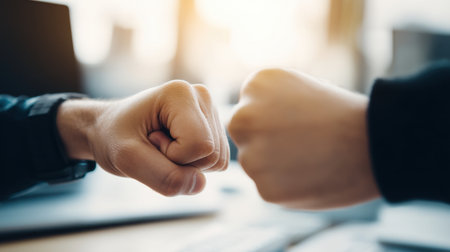 Two hands meet in a fist bump gesture in a contemporary office, conveying teamwork and positive interactions among colleagues in a vibrant workplace environment.の素材