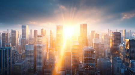 A breathtaking view of a city skyline during sunset, showcasing skyscrapers bathed in warm sunlight. The dramatic atmosphere and vibrant colors create an enchanting urban scene perfect for any project.の素材