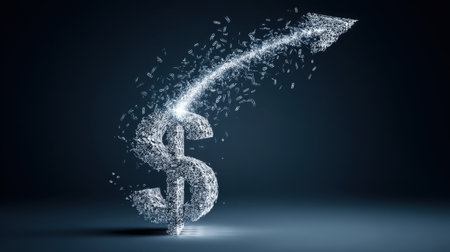 This striking illustration features a dollar sign merging with an upward arrow, crafted from dynamic particles, embodying the essence of financial growth and success.の素材