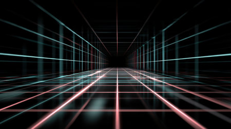 This image showcases a mesmerizing futuristic scene featuring pink and blue neon lines forming a dynamic grid pattern, creating an immersive three-dimensional experience.の素材