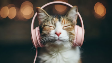 A charming cat with headphones relaxes, showcasing a blissful expression while enjoying music. The cozy atmosphere features soft bokeh lights in the background.の素材