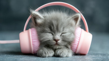 A cute gray kitten rests peacefully, wearing pink headphones, evoking feelings of calm and comfort. Perfect for pet lovers and those seeking tranquility.の素材