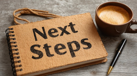 Cozy scene featuring a notebook labeled "Next Steps" alongside a cup of coffee and a pen, perfect for planning and reflecting on personal and professional goals.の素材