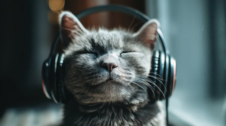 A charming gray cat comfortably wearing headphones, lost in the joy of music. The scene captures a peaceful indoor atmosphere with soft lighting, showcasing the cat's serene expression.の素材