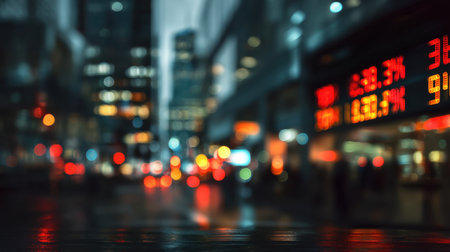 A captivating urban night scene featuring blurred city lights and a stock market ticker, creating a vibrant bokeh effect. An electrifying portrayal of modern finance.の素材
