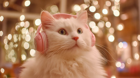 A charming fluffy white cat wearing pink headphones enjoys a serene moment while listening to music. The soft bokeh lights in the background add warmth and coziness.の素材