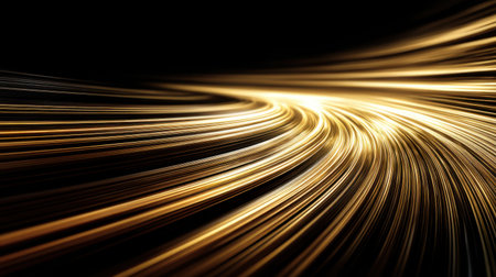 This image captures the mesmerizing flow of golden light streams in motion, set against a rich black backdrop, ideal for artistic and design projects.の素材