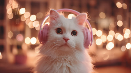 A delightful white cat wearing pink headphones sits against a backdrop of soft bokeh lights, creating a warm and inviting scene perfect for pet enthusiasts and music lovers.の素材