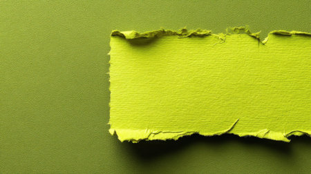 This image features a torn strip of bright green paper against a textured green backdrop, ideal for creative projects, design work, or stationery applications.の素材
