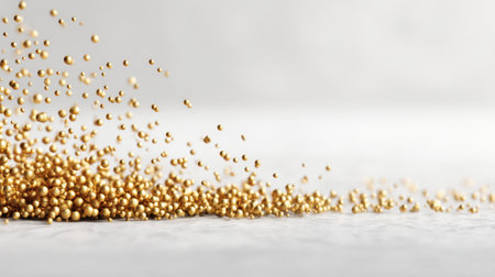 A stunning arrangement of glimmering gold spheres scattered elegantly on a soft white surface, showcasing an abstract design perfect for various creative projects and commercial purposes.の素材