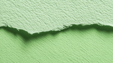 A close-up view of a textured green paper background with a torn edge, perfect for creative projects, crafts, and modern design needs in bright natural light.の素材