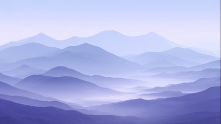 A tranquil view of layered mountains in soft lavender and blue hues at dawn, evoking a peaceful atmosphere ideal for depicting nature's beauty and calmness.の素材