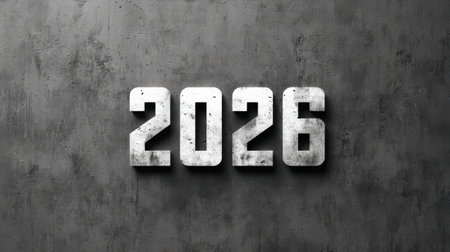 A striking depiction of the year 2026 represented in bold concrete numbers set against a rough gray wall. Ideal for projects related to planning, futurism, and modern design.の素材