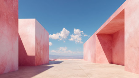 Stunning minimalist architectural landscape featuring pink walls under a bright blue sky with soft clouds, promoting tranquility and modern beauty through simplicity.の素材