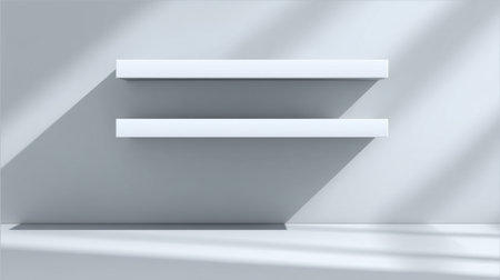A modern minimalist scene featuring two white shelves on a soft gray wall, enhanced by long shadows that create depth and elegance in the space.の素材
