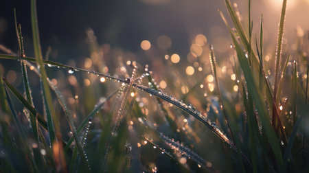 Close-up of dew drops resting on lush green grass blades, captured during sunrise. The soft focus and sparkling droplets create a serene and tranquil outdoor scene.の素材