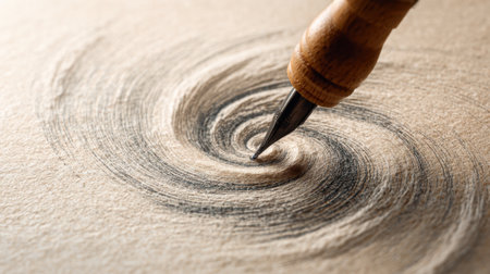 A detailed close-up of a wooden pen drawing an intricate swirling pattern on textured paper, highlighting creativity and artistry in a serene setting.の素材