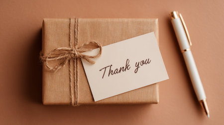 A stunning image of a wrapped gift box with a thank you tag beside a pen. This composition captures the essence of gratitude, perfect for personal or professional uses.の素材