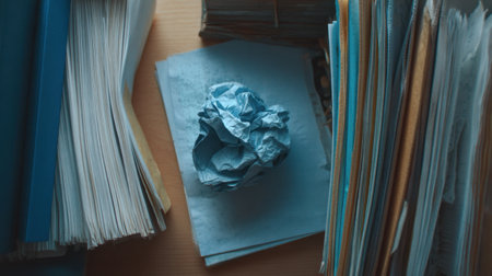 A visually striking image showcasing a crumpled paper in blue color placed amidst colorful sheets on a wooden desk, highlighting themes of creativity and organization.の素材
