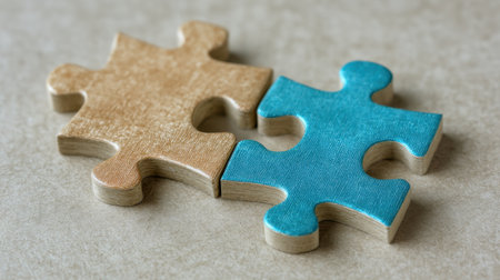 Two puzzle pieces in contrasting colors sit closely together on a neutral surface, symbolizing unity and the intricate nature of problem-solving and collaboration.の素材