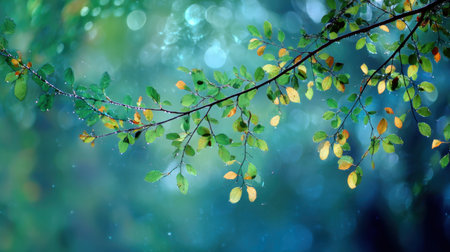 An enchanting view of fresh green leaves gently hanging from branches, set against a soft blue bokeh backdrop, evoking a sense of calm and serenity.の素材