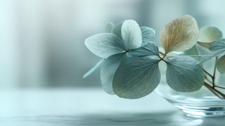 A serene display of delicate green leaves in a clear vase, beautifully lit to create a calming atmosphere ideal for home dの素材