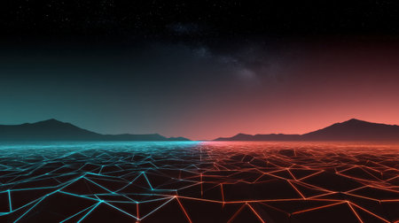 A stunning futuristic landscape features a vibrant neon grid pattern across a dark terrain. The scene is illuminated under a starry sky, creating an imaginative atmosphere.の素材