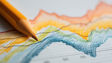 A close-up view of a colorful graph with a yellow pencil resting on a chart background, showcasing data trends and offering an engaging visual for analysis and presentation.の素材