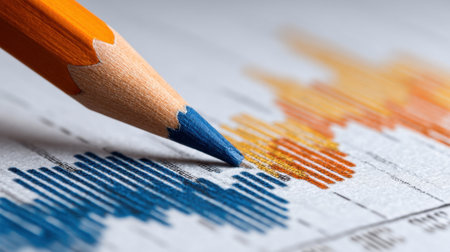 A colorful pencil highlights a financial chart, showcasing data visualization through vibrant colors and intricate patterns, ideal for finance and business concepts.の素材