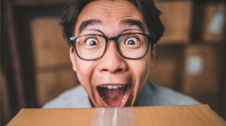 A young man wearing glasses displays sheer excitement while holding a large cardboard box. His joyful expression captures the thrill of unboxing, set against a warehouse backdrop.の素材