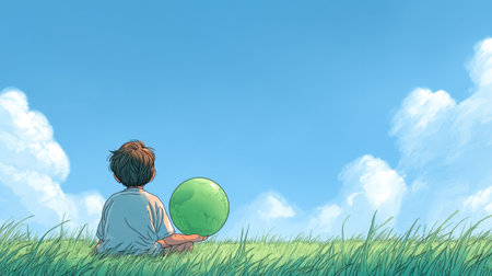 A young boy enjoys a tranquil moment in nature, sitting on lush grass while holding a green ball. The scene captures innocence, imagination, and joy under a bright sky.の素材