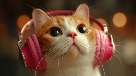 An adorable ginger cat with bright eyes wearing stylish pink headphones. The cozy setting, illuminated by warm bokeh lights, captures a joyful musical moment.の素材