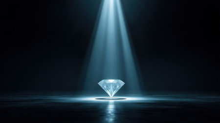 A striking diamond illuminated by a soft beam of light, casting dramatic shadows in a dark environment, perfect for themes of luxury and elegance.の素材