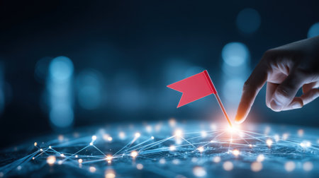 A hand reaches out to touch a bright red flag on a digital world map, symbolizing connectivity, innovation, and the journey toward success in technology.の素材
