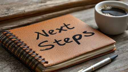 A leather notebook with "Next Steps" written in bold letters sits next to a steaming cup of coffee on a rustic wooden table, inspiring productivity and organization.の素材