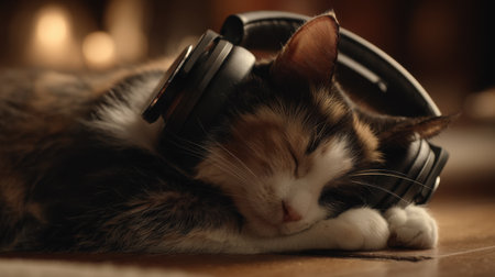 A serene image showcasing a cat sleeping peacefully with headphones on, surrounded by a warm and cozy environment, evoking feelings of relaxation and tranquility.の素材