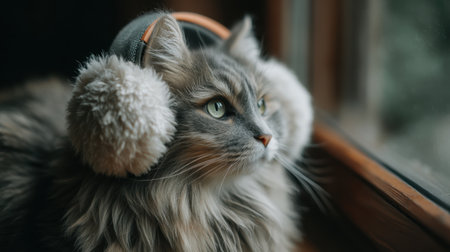 A fluffy cat with headphones perched on its head gazes thoughtfully out of a window. The serene ambiance highlights the cat's captivating eyes and soft fur, creating a cozy vibe.の素材